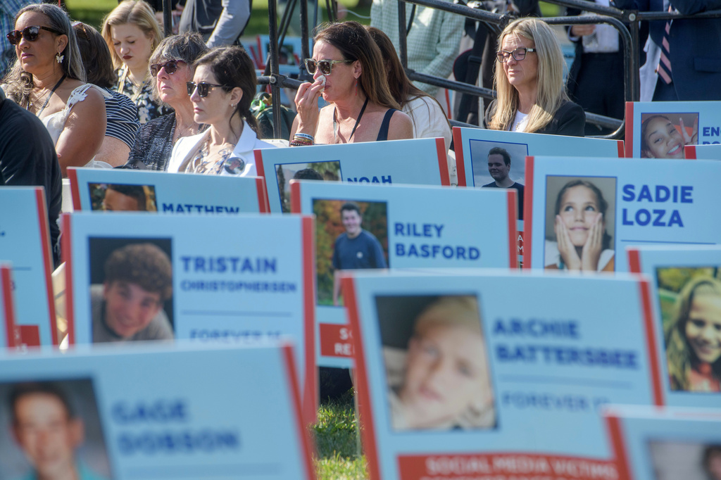 Carrie Baeten, second from right, remembers her 18-year-old son Jack McDonough, during a Social Media Victims Remembrance Day memorial on Capitol Hill, Tuesday, June 23, 2026, in Washington. (AP Photo/Rod Lamkey, Jr.)
