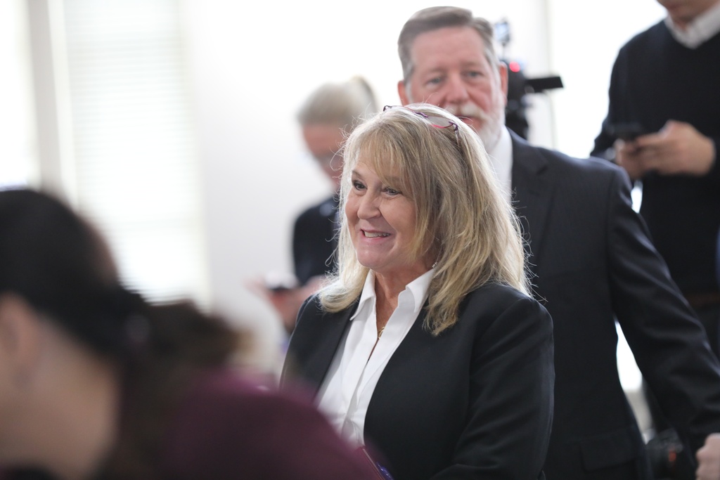 Former Colleton County Clerk of Court Mary Rebecca "Becky" Hill smiles after pleading guilty on Monday, Dec. 8, 2025, in St. Matthews, S.C.. (AP Photo/Jeffrey Collins)