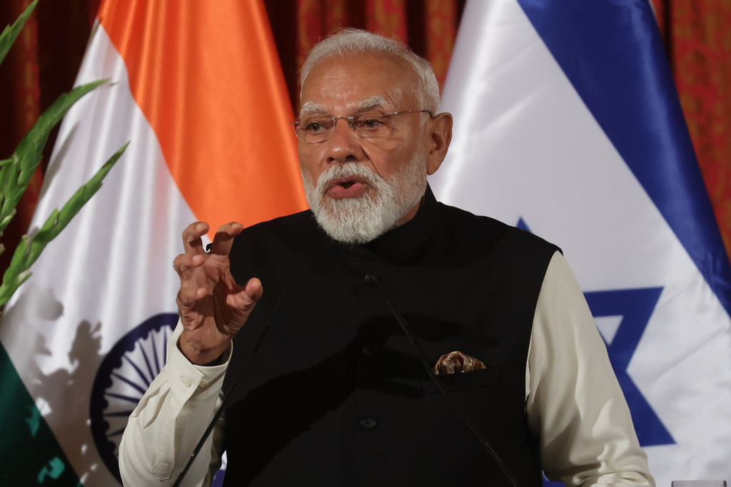 Indian Prime Minister Narendra Modi gives a press conference with Israel's Prime Minister Benjamin Netanyahu, in Jerusalem, Thursday, Feb. 26, 2026. (Gil Cohen Magen/Pool Photo via AP)