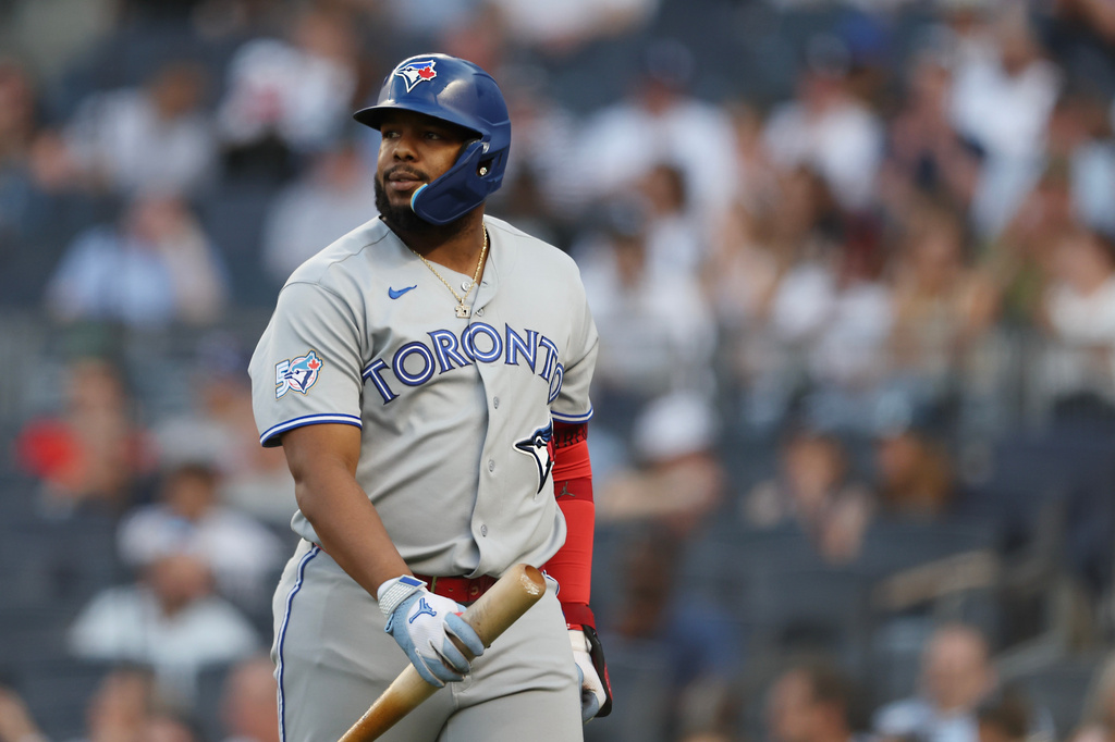 Toronto Blue Jays' Vladimir Guerrero Jr. looks on after striking out during the first inning of a baseball game against the New York Yankees, Tuesday, May 19, 2026, in New York. (AP Photo/Heather Khalifa)