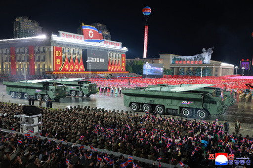 In this photo provided by North Korean government, weapons are shown during the military parade marking the 80th anniversary of the founding of the ruling Worker's Party, in Pyongyang, North Korea, Friday, Oct. 10, 2025. Independent journalists were not given access to cover the event depicted in this image distributed by the North Korean government. The content of this image is as provided and cannot be independently verified. Korean language watermark on image as provided by source reads: "KCNA" which is the abbreviation for Korean Central News Agency. (Korean Central News Agency/Korea News Service via AP) In this photo provided by North Korean government, weapons are shown during the military parade marking the 80th anniversary of the founding of the ruling Worker's Party, in Pyongyang, North Korea, Friday, Oct. 10, 2025. Independent journalists were not given access to cover the event depicted in this image distributed by the North Korean government. The content of this image is as provided and cannot be independently verified. Korean language watermark on image as provided by source reads: "KCNA" which is the abbreviation for Korean Central News Agency. (Korean Central News Agency/Korea News Service via AP)