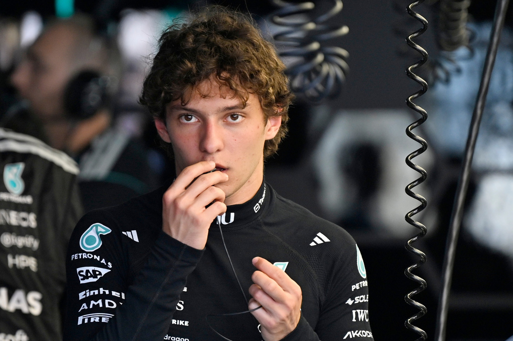 Mercedes driver Andrea Kimi Antonelli of Italy prepares at pits during the second free practice at the Monaco racetrack, in Monaco, Friday, June 5, 2026. The Formula one race will be held on Sunday. (AP Photo/Philippe Magoni)