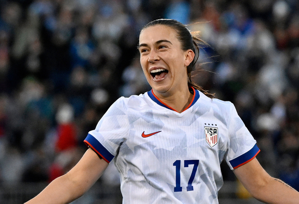 FILE - United States' Sam Coffey (17) celebrates after her goal during the second half of an international friendly women's soccer match against Portugal, Sunday, Oct. 26, 2025, in East Hartford, Conn. (AP Photo/Jessica Hill, file)