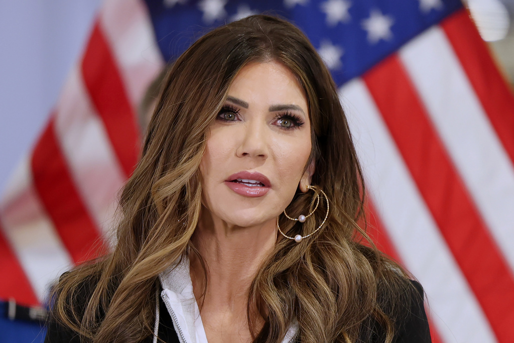 U.S. Homeland Security Secretary Kristi Noem speaks at a news conference at Harry Reid International Airport, Nov. 22, 2025, in Las Vegas. (AP Photo/Ronda Churchill, File)