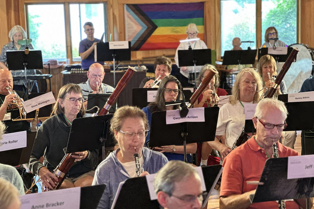 This photo provided by Russ Grazier shows musicians rehearsing at the New England Adult Music Camp in Sidney, Maine, in August 2025. (Russ Grazier via AP)