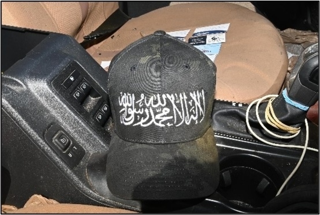 This photo provided by U.S. Attorney's Office shows a hat with Al-Qaeda flag that was found in former Navy SEAL Seal Gregory Vandenberg vehicle by authorities. (U.S. Attorney's Office via AP)
