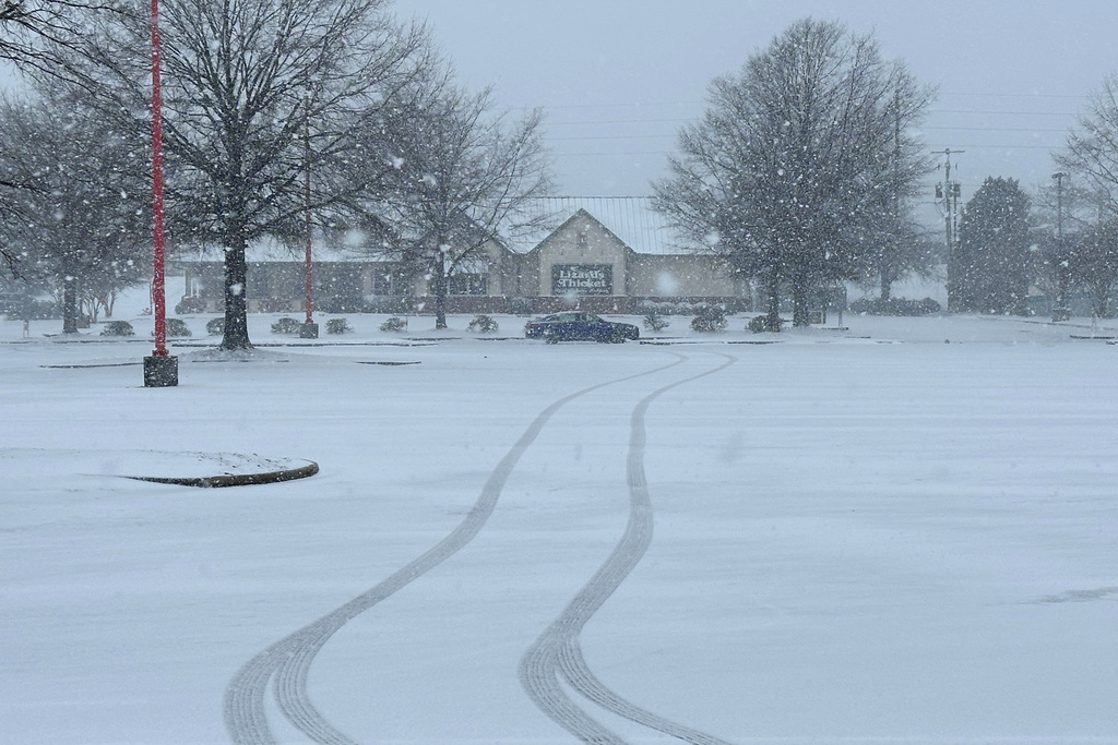 Snow falls outside a shopping center in Columbia, S.C., on Saturday, Jan. 31, 2026. (AP Photo/Jeffrey Collins)