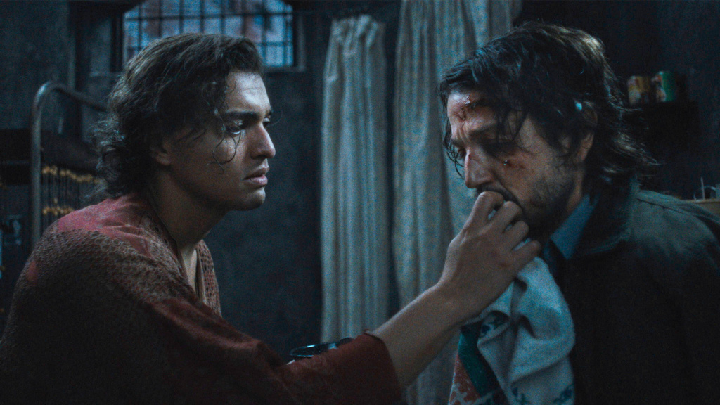 This image released by Roadside Attractions shows Tonatiuh, left, and Diego Luna in a scene from "Kiss of The Spider Woman." (Roadside Attractions via AP)
