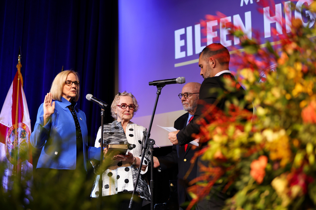 Miami Mayor Eileen Higgins is sworn in during her installation ceremony, Thursday, Dec. 18, 2025, in Miami. (AP Photo/Alexandra Rodriguez)