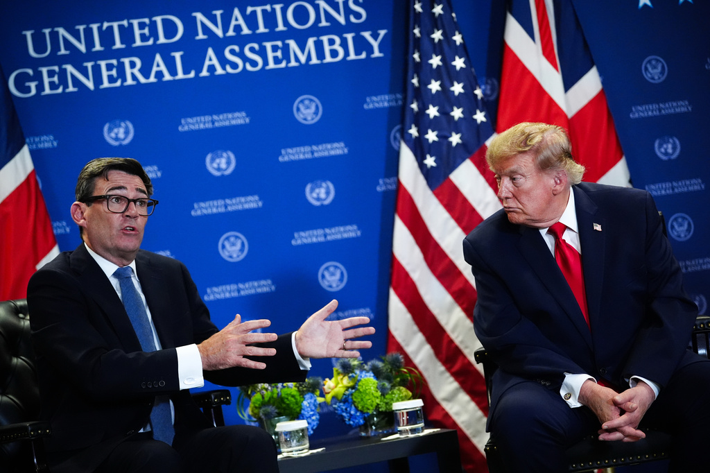 President Donald Trump meets with Britain's Prime Minister Andy Burnham during the United Nations General Assembly, Tuesday, Sept. 22, 2026, at the UN headquarters. (AP Photo/Julia Demaree Nikhinson)