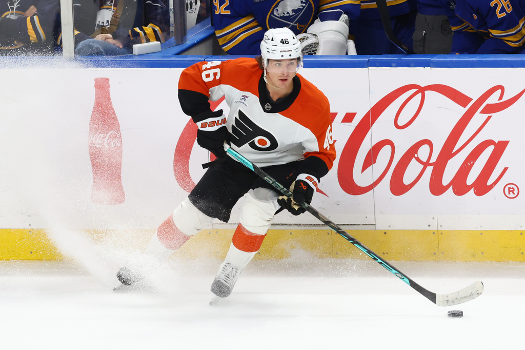 Philadelphia Flyers center Trevor Zegras controls the puck during the third period of an NHL hockey game against the Buffalo Sabres Wednesday, Oct. 21, 2026, in Buffalo, N.Y. (AP Photo/Jeffrey T. Barnes)