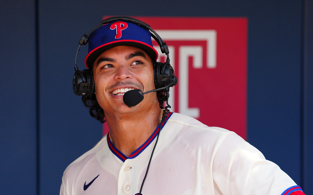 Philadelphia Phillies pitcher Jesús Luzardo smiles as he is interviewed after a baseball game against the Atlanta Braves, Monday, Sept. 7, 2026, in Philadelphia. (AP Photo/Derik Hamilton)