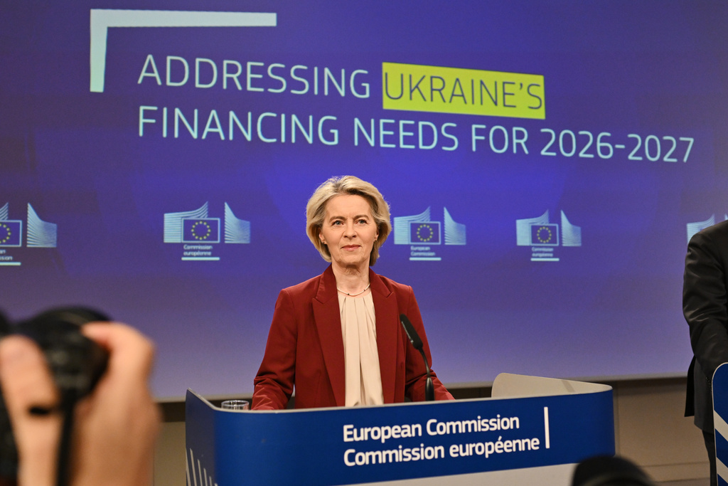 European Commission President Ursula von der Leyen addresses a media conference regarding Ukraine's financing needs for 2026-2027 at EU headquarters in Brussels, Wednesday, Dec. 3, 2025. (AP Photo/Harry Nakos)