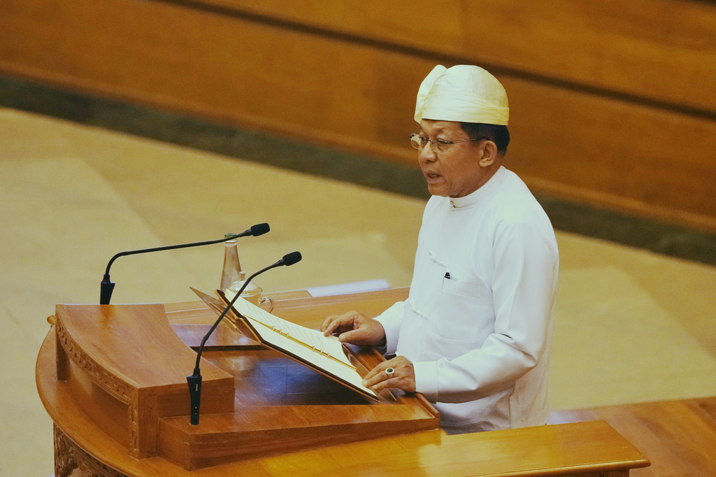 Myanmar's newly elected President Min Aung Hlaing speaks during a swearing-in ceremony at Union Parliament in Naypyitaw, Myanmar, Friday, April 10, 2026. (AP Photo/Aung Shine Oo)