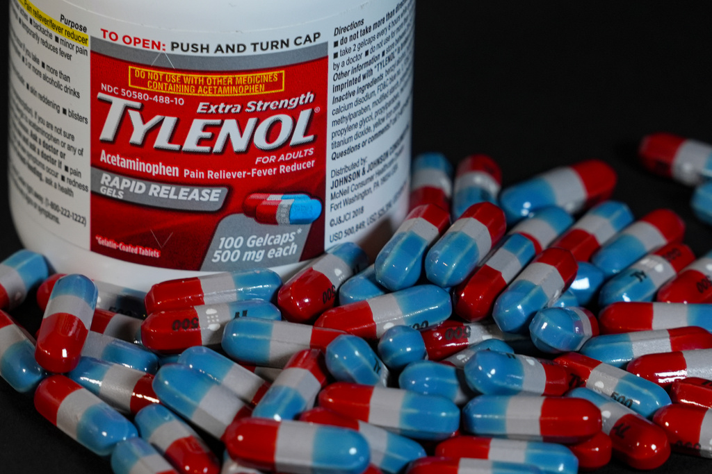 Extra Strength Tylenol is shown in Carmel, Ind., Tuesday, Sept. 23, 2025. (AP Photo/Michael Conroy)