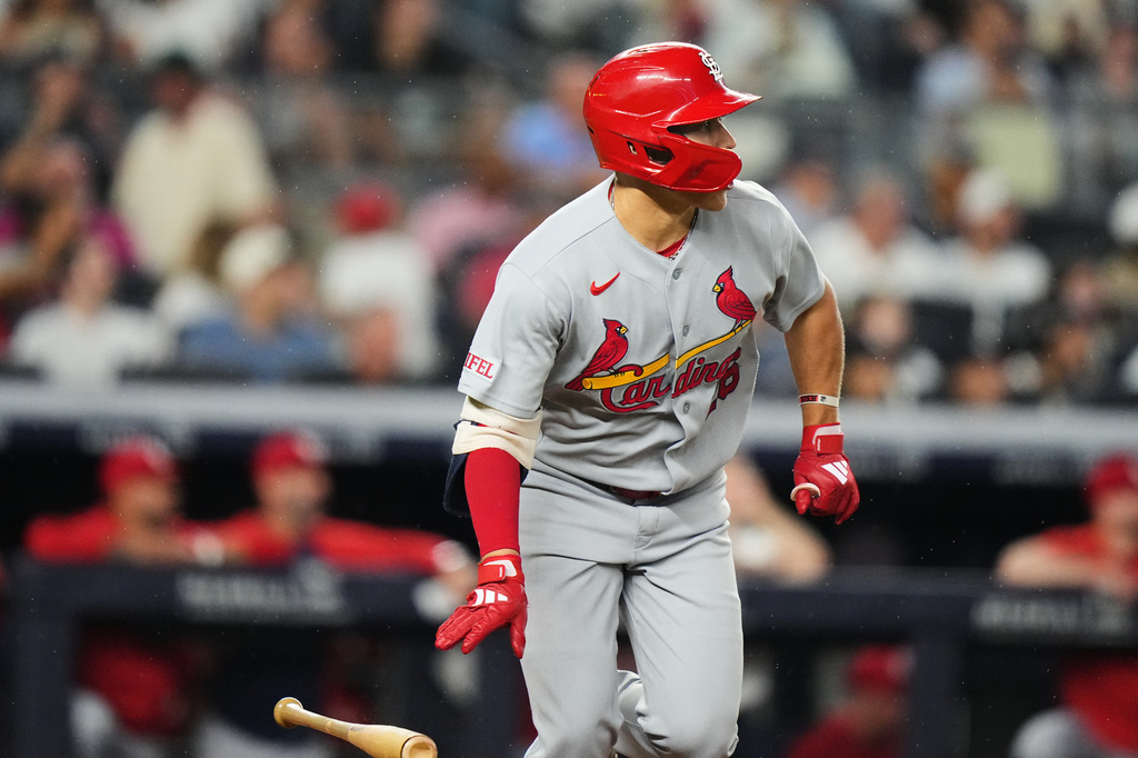 St. Louis Cardinals' JJ Wetherholt (26) watches the ball he hit for a two-run double during the fifth inning of a baseball game against the New York Yankees Wednesday, Aug. 5, 2026, in New York. (AP Photo/Frank Franklin II)