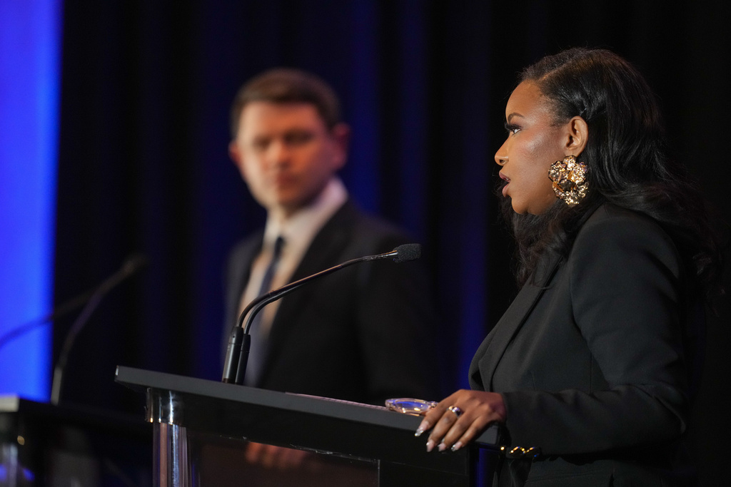 Primary candidates for U.S. Senate, Rep. Jasmine Crockett, D-Texas, right, and Texas state Rep. James Talarico, D-Austin, left, participate in a debate during the Texas AFL-CIO Committee on Political Education Convention, Saturday, Jan. 24, 2026, in Georgetown, Texas. (Bob Daemmrich/Texas Tribune via AP, Pool)