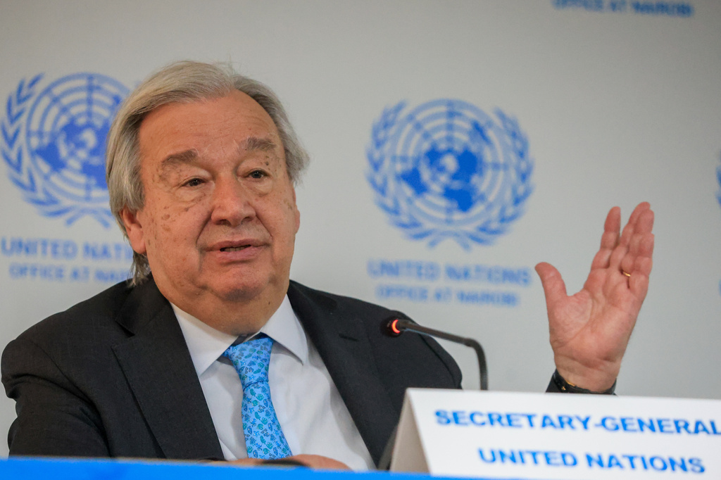 Secretary-General of the United Nations António Guterres talks to members of the press during a groundbreaking ceremony for the expansion of the UN headquarters in Nairobi, Monday, May 11, 2026. (AP Photo/Andrew Kasuku)