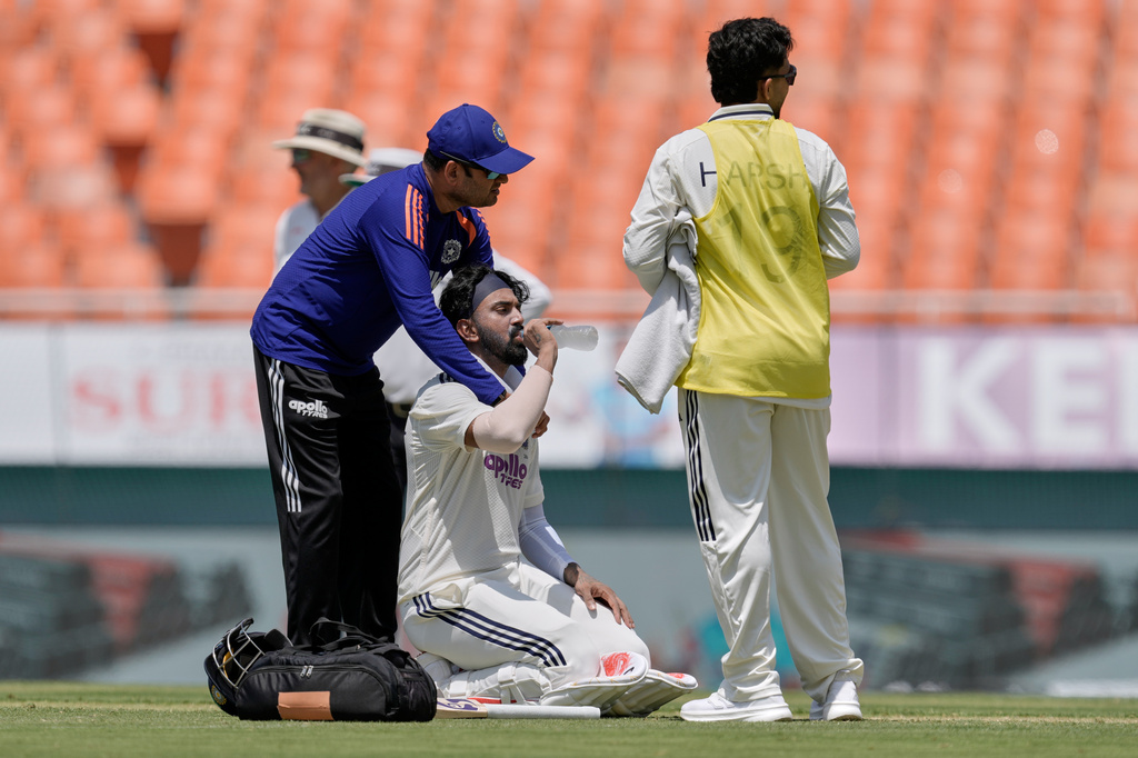 India's KL Rahul has a drink during a break in play on day one of the cricket test match between Afghanistan and India in New Chandigarh, India, Saturday, June 6, 2026. (AP Photo/Ashwini Bhatia)