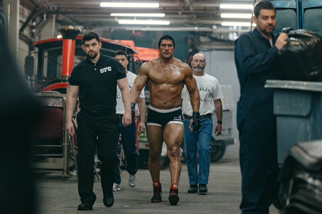 This image released by A24 shows Dwayne Johnson in a scene from "The Smashing Machine." (Eric Zachanowich/A24 via AP)