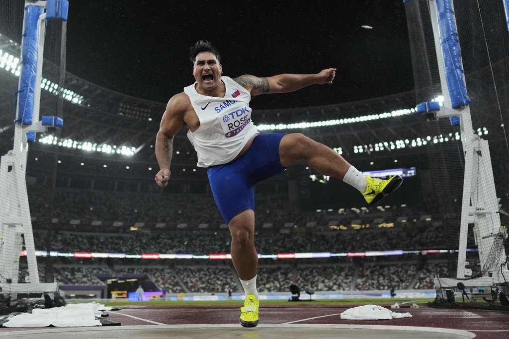 Samoa's Alex Rose competes during the men's discus throw final at the World Athletics Championships in Tokyo, Sunday, Sept. 21, 2025. (AP Photo/Bernat Armangue)