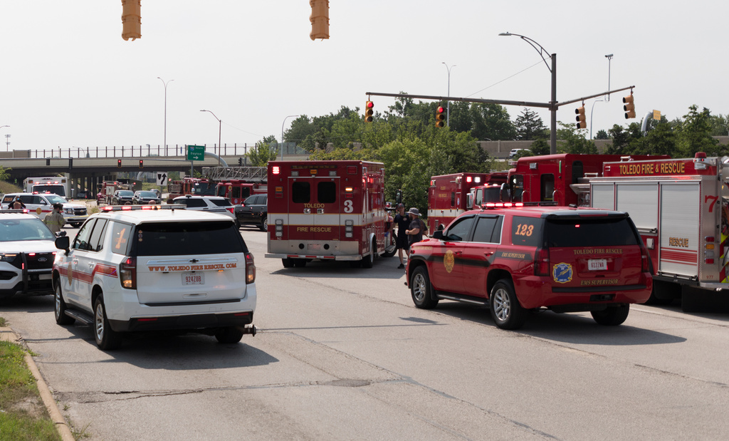 Emergency personnel respond to a hazardous material call on Phillips Avenue in Toledo, Ohio, on Wednesday, July 15, 2026. (Alex Bracken/The Blade via AP)