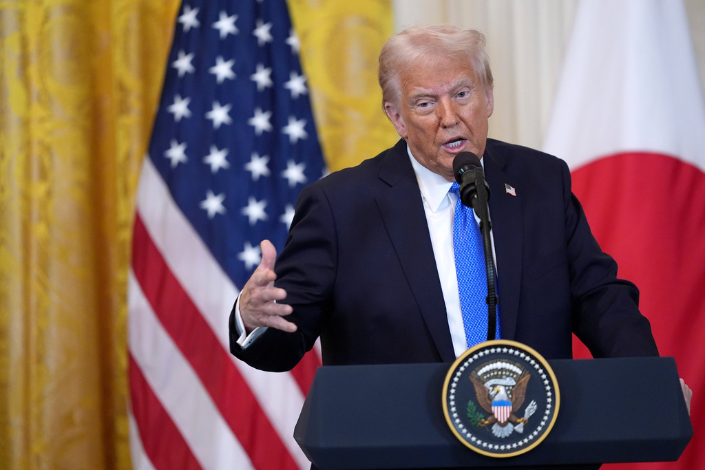 FILE - President Donald Trump speaks during a news conference with Japan's Prime Minister Shigeru Ishiba at the White House, on Feb. 7, 2025, in Washington. (AP Photo/Evan Vucci, File)