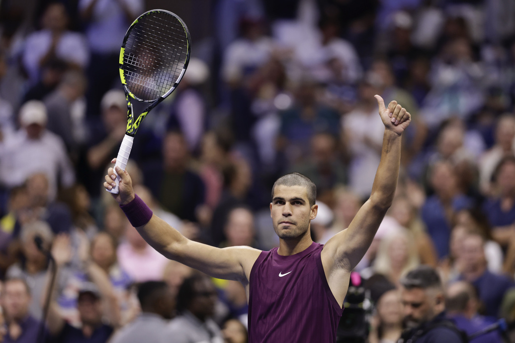 Carlos Alcaraz, of Spain reacts after defeating Mattia Bellucci, of Italy, during the second round of the U.S. Open tennis championships, Wednesday, Aug. 27, 2025, in New York. (AP Photo/Adam Hunger)