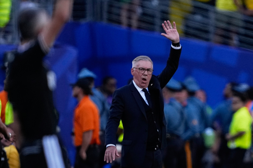 Brazil head coach Carlo Ancelotti reacts during the World Cup Group C soccer match between Brazil and Morocco in East Rutherford, N.J., near New York, Saturday, June 13, 2026. (AP Photo/Petr David Josek)
