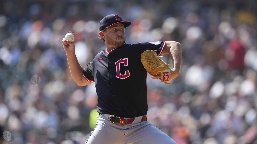 Cleveland Guardians pitcher Tanner Bibee throws against the Detroit Tigers during the first inning of a baseball game Thursday, Sept. 18, 2025, in Detroit. (AP Photo/Paul Sancya)