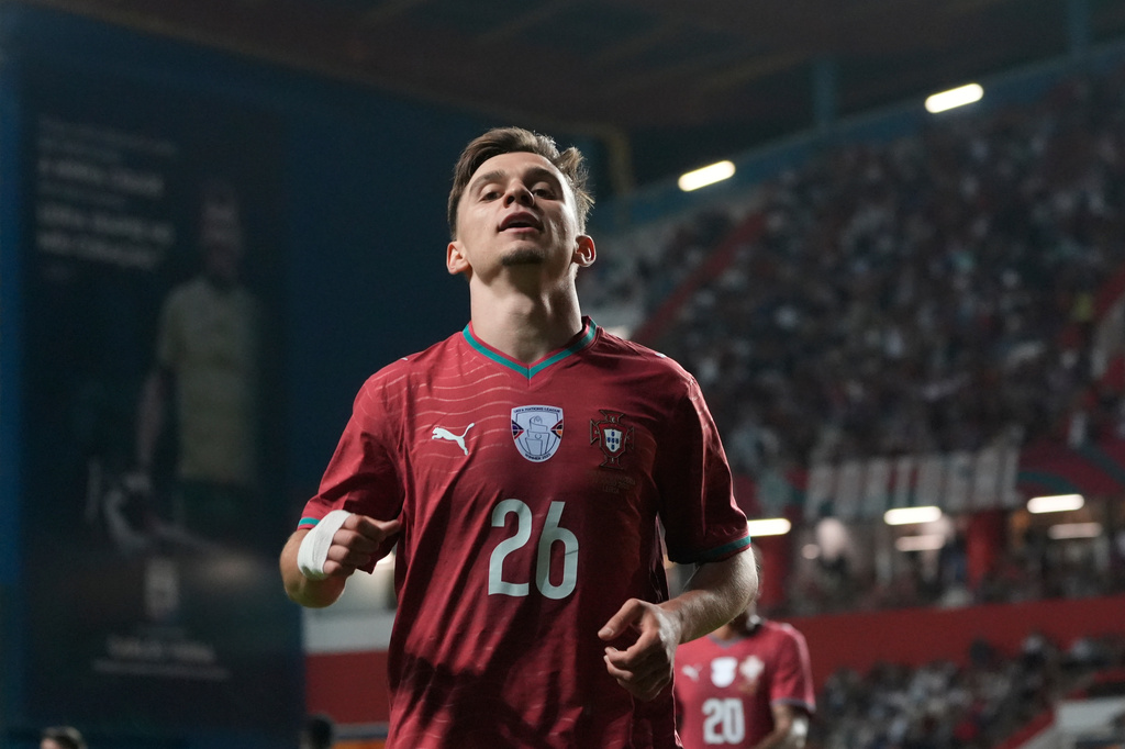 Portugal's Francisco Conceicao celebrates after scoring during an international friendly soccer match between Portugal and Nigeria in Leiria, Portugal, Wednesday, June 10, 2026. (AP Photo/Ana Brigida)
