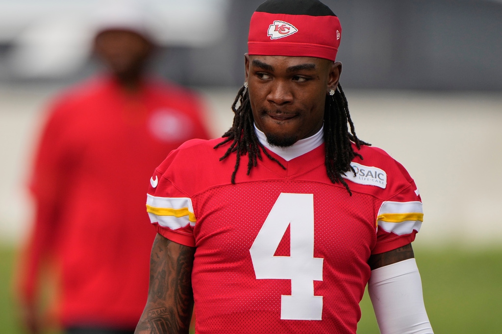 Kansas City Chiefs wide receiver Rashee Rice arrives at NFL football training camp Wednesday, July 29, 2026, in St. Joseph, Mo. (AP Photo/Charlie Riedel)