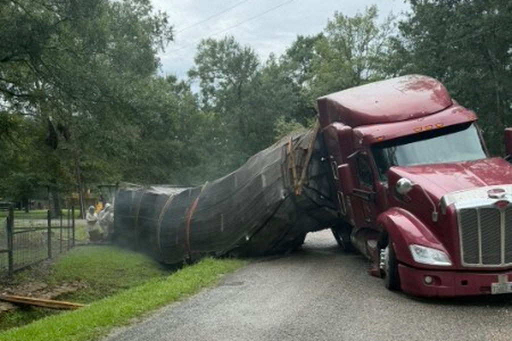 A semitrailer carrying about 400 beehives toppled over, allowing millions of bees to escape into a rural neighborhood in Orange, Texas, on June 21, 2026. (Christie Ray/Queen Bee Supply via AP)