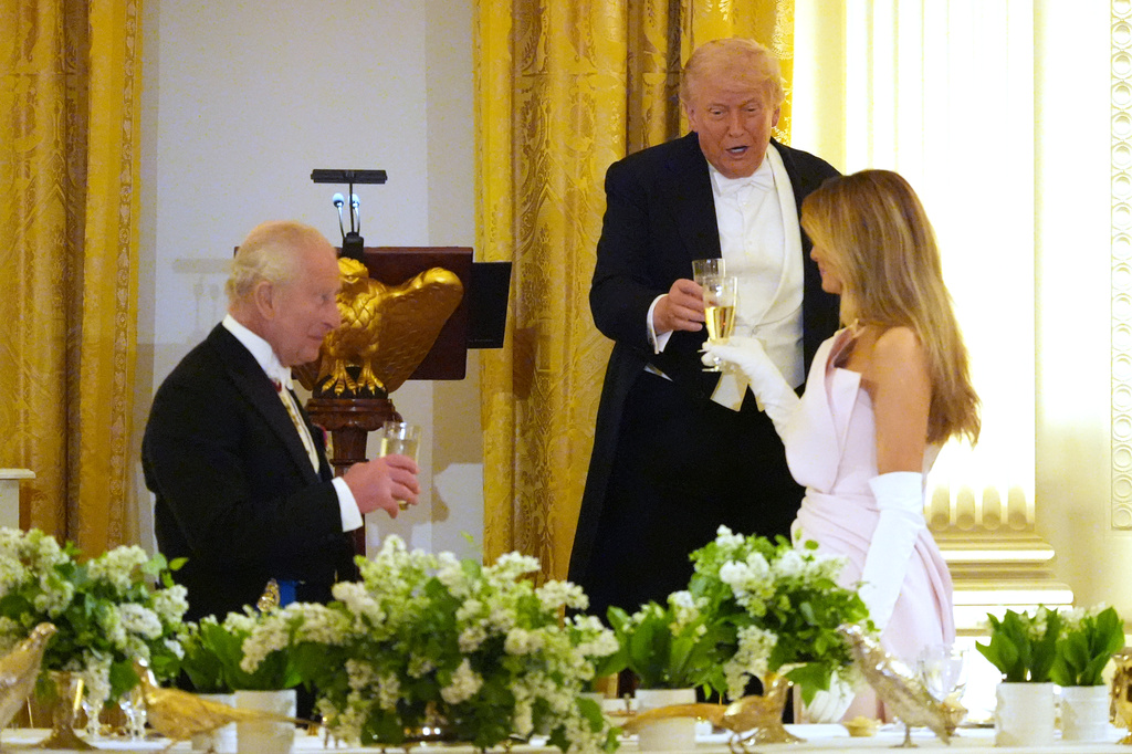 President Donald Trump toasts during a State Dinner with Britain's King Charles III, Queen Camilla and first lady Melania Trump in the East Room of the White House State Dinner Tuesday, April 28, 2026, in Washington. (AP Photo/Alex Brandon)