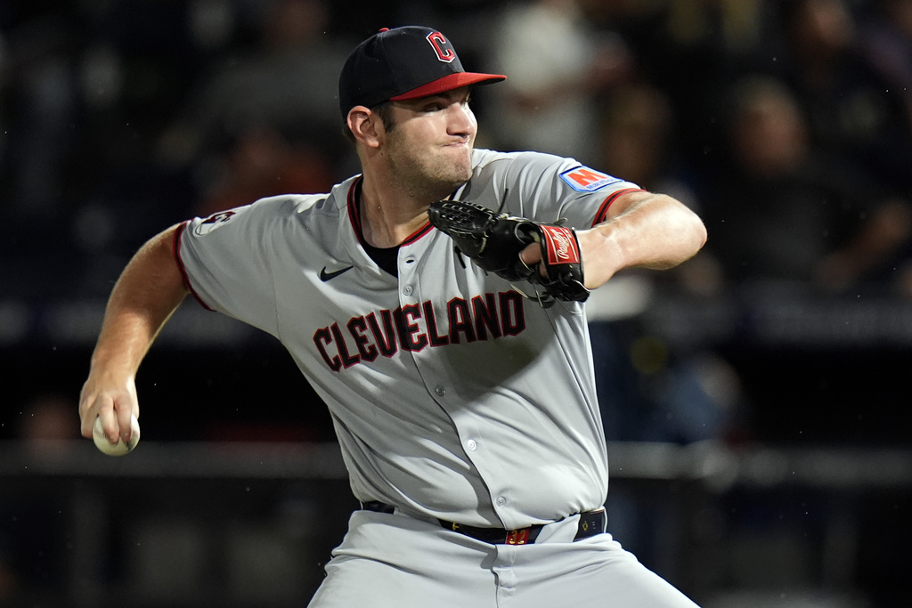 Cleveland Guardians pitcher Gavin Williams delivers to the Tampa Bay Rays during the first inning of a baseball game Friday, Sept. 5, 2025, in Tampa, Fla. (AP Photo/Chris O'Meara)