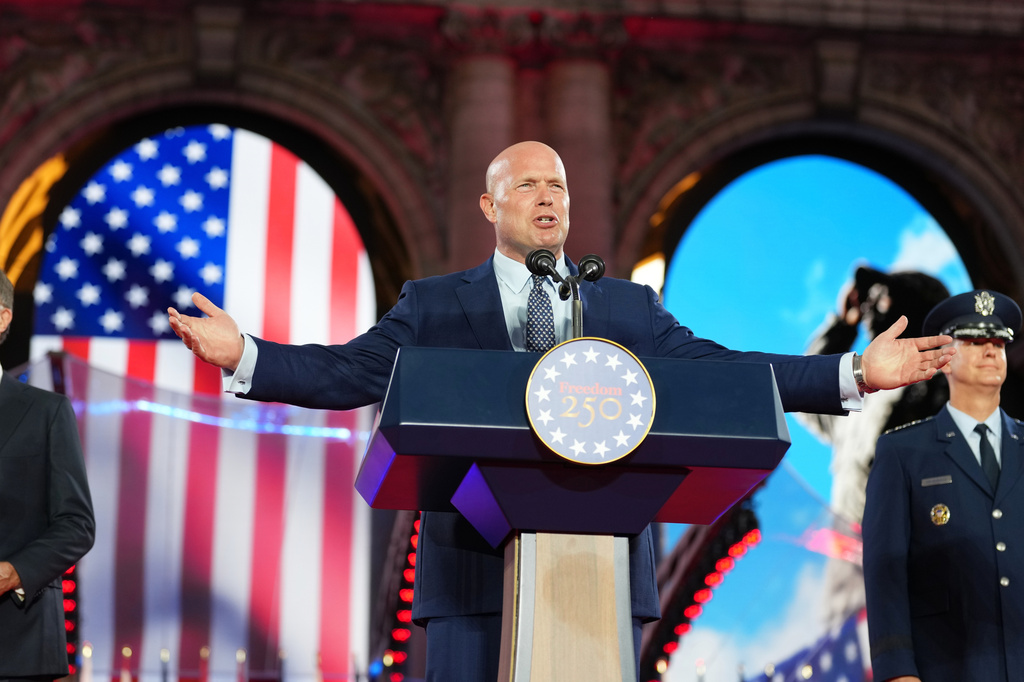U.S. Ambassador to NATO Matthew Whitaker addresses the audience during the America 250 event in Brussels on June 28, 2026. (AP Photo/Virginia Mayo, File)