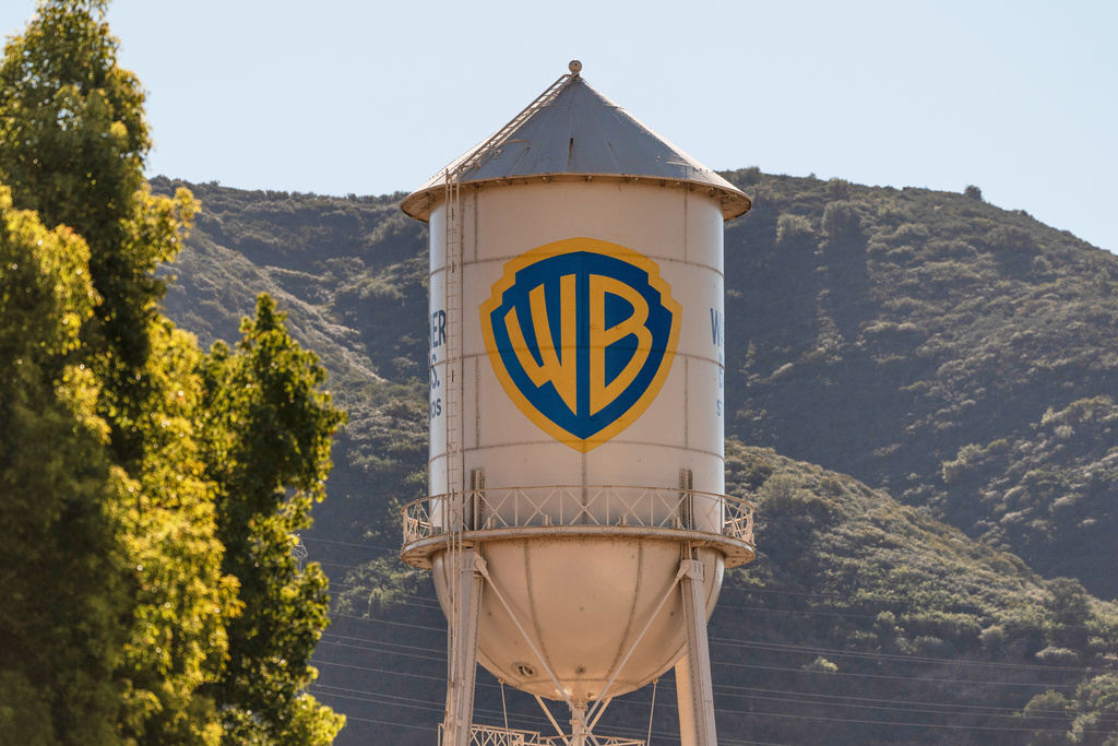 FILE - The Warner Bros. water tower appears at Warner Bros. Studios in Burbank, Calif., on Dec. 5, 2025. (AP Photo/Jae C. Hong, File)