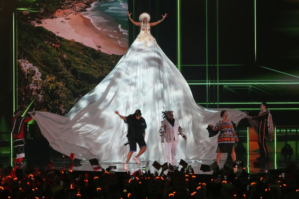 South Africa's Mzansi Jikelele group performs the song "Home" at the International Music Competition "Intervision" at the Live Arena outside Moscow, Russia, Saturday, Sept. 20, 2025. (AP Photo/Alexander Zemlianichenko)