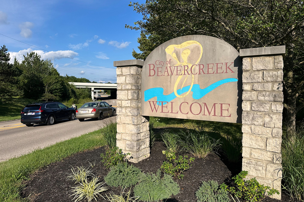 A sign welcomes visitors to Beavercreek, Ohio, Friday, Aug. 14, 2026. (AP Photo/Julie Carr Smyth)