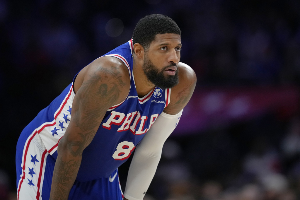 FILE - Philadelphia 76ers' Paul George looks on during a break in play during an NBA basketball game Thursday, Jan. 29, 2026, in Philadelphia. (AP Photo/Matt Slocum, File)