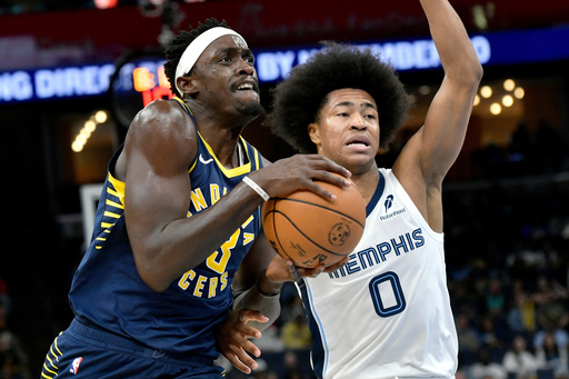 Indiana Pacers forward Pascal Siakam drives against Memphis Grizzlies forward Jaylen Wells (0) in the first half of an NBA basketball game, Saturday, Oct. 25, 2025, in Memphis, Tenn. (AP Photo/Brandon Dill) Indiana Pacers forward Pascal Siakam drives against Memphis Grizzlies forward Jaylen Wells (0) in the first half of an NBA basketball game, Saturday, Oct. 25, 2025, in Memphis, Tenn. (AP Photo/Brandon Dill)
