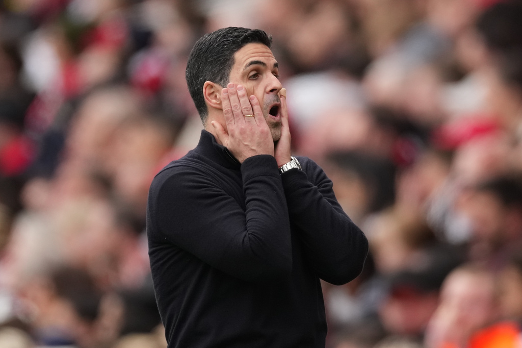 Arsenal's manager Mikel Arteta reacts during the Premier League soccer match between Arsenal and Bournemouth in London, England Saturday, April 11, 2026. (AP Photo/Dave Shopland)