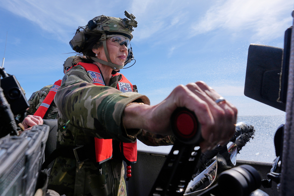 FILE - Homeland Security Secretary Kristi Noem pilots a U.S. Coast Guard Response Boat Small with the Maritime Security Response Team, March 16, 2025, in San Diego. (AP Photo/Alex Brandon, File)