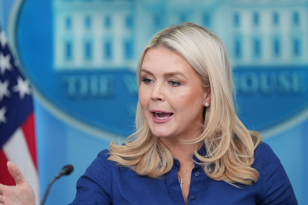 White House press secretary Karoline Leavitt speaks with reporters in the James Brady Press Briefing Room at the White House, Wednesday, April 8, 2026, in Washington. (AP Photo/Alex Brandon)