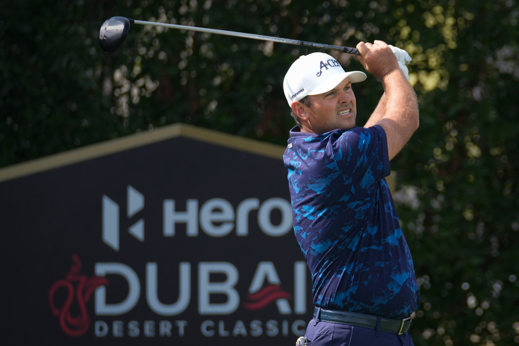 Patrick Reed of the United States tees off at 2nd hole during the third round of the Dubai Desert Classic in United Arab Emirates, Saturday, Jan. 24, 2026. (AP Photo/Altaf Qadri)