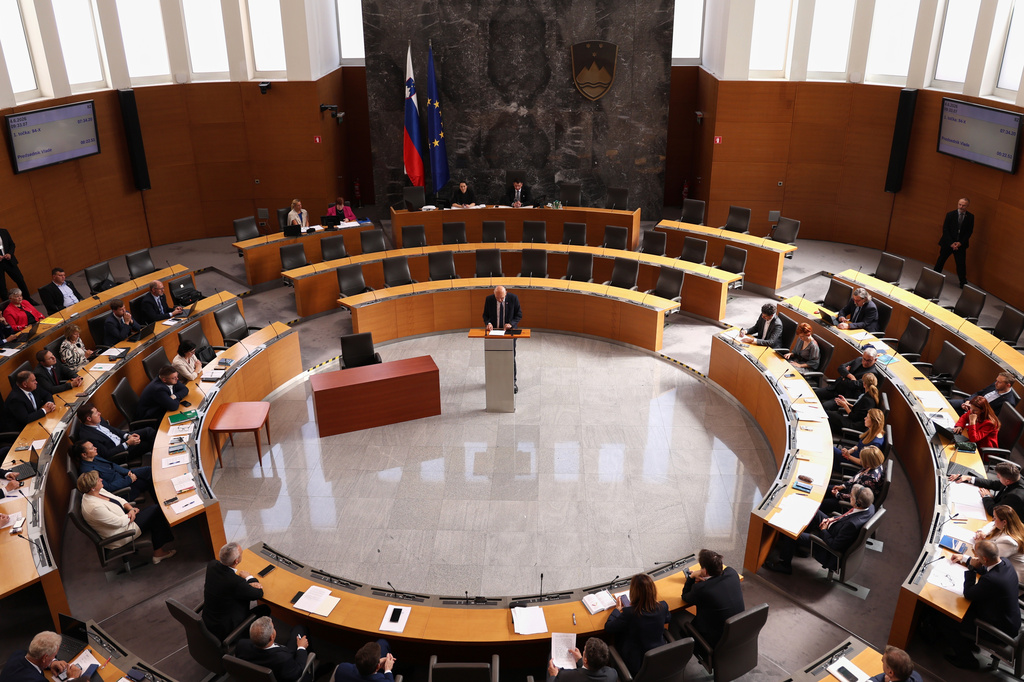 Prime Minister Janes Jansa speaks before the Parliament during a session in Ljubljana, Slovenia, Thursday, June 4, 2026, (AP Photo/Relja Dusek)