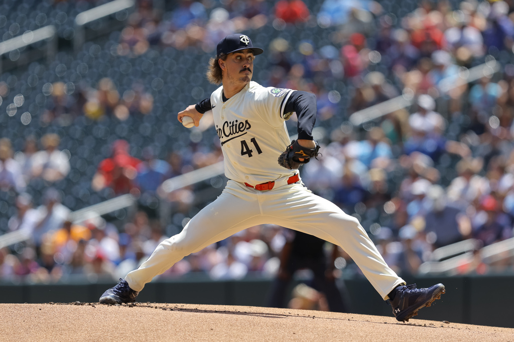 Minnesota Twins starting pitcher Joe Ryan delivers during the first inning of a baseball game against the Los Angeles Angels, Saturday, July 11, 2026, in Minneapolis. (AP Photo/Bailey Hillesheim)