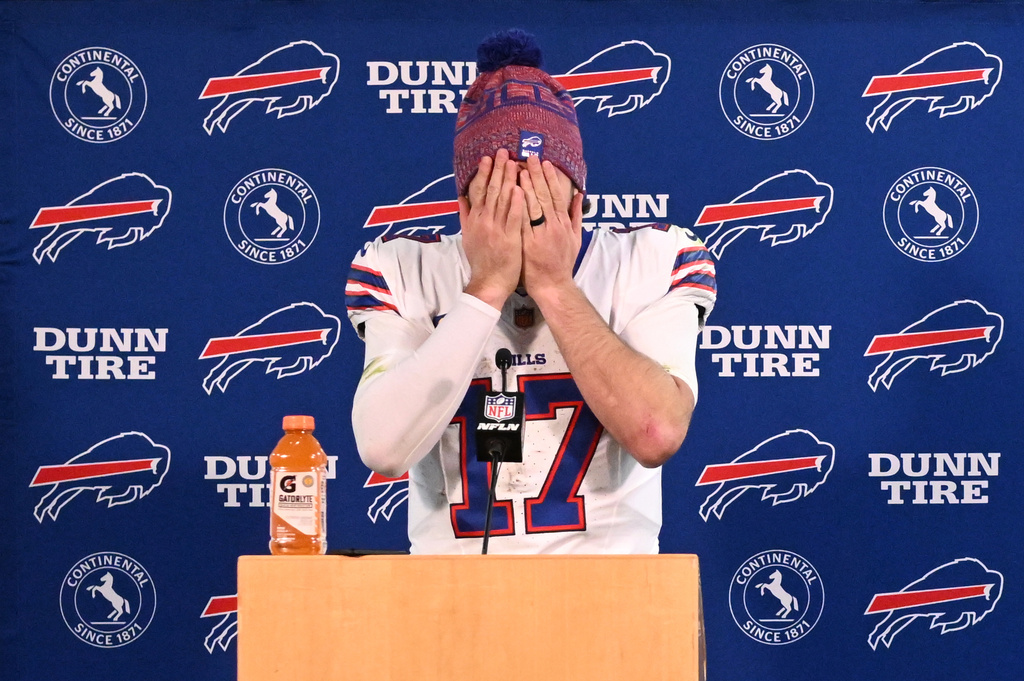 Buffalo Bills quarterback Josh Allen responds to questions during a news conference after an NFL divisional playoff game against the Denver Broncos, Saturday, Jan. 17, 2026, in Denver. (AP Photo/RJ Sangosti)