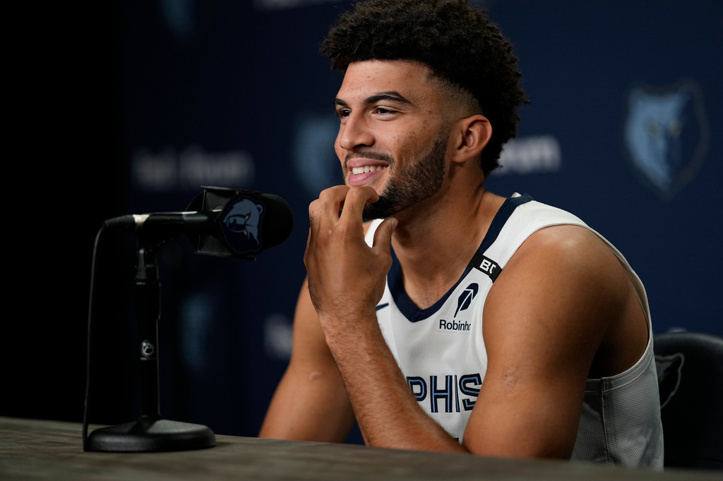 Memphis Grizzlies forward Cameron Boozer speaks during the NBA basketball team's media day Monday, Sept. 28, 2026, in Memphis, Tenn. (AP Photo/George Walker IV)