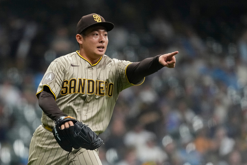 San Diego Padres' Yuki Matsui gestures during the seventh inning of a baseball game against the Milwaukee Brewers, Tuesday, May 12, 2026, in Milwaukee. (AP Photo/Aaron Gash)